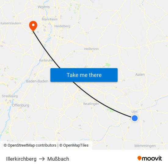 Illerkirchberg to Mußbach map