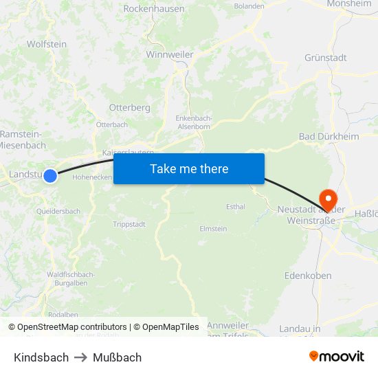 Kindsbach to Mußbach map