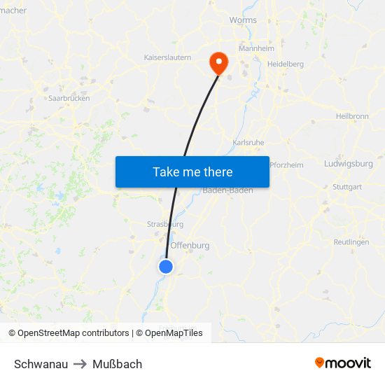 Schwanau to Mußbach map