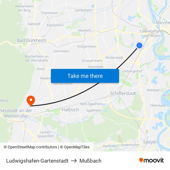 Ludwigshafen-Gartenstadt to Mußbach map