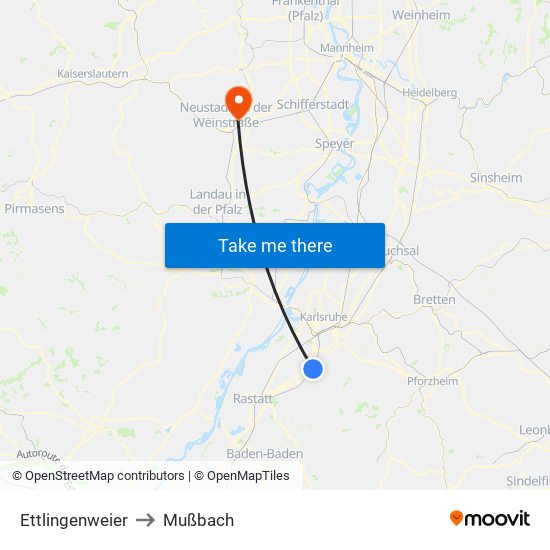 Ettlingenweier to Mußbach map