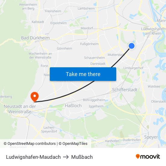 Ludwigshafen-Maudach to Mußbach map