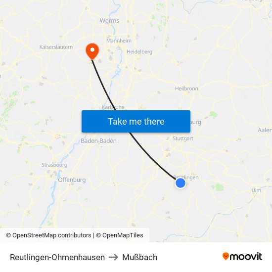 Reutlingen-Ohmenhausen to Mußbach map