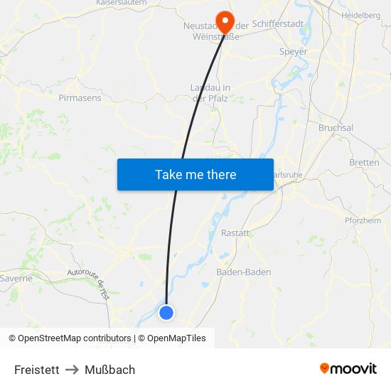 Freistett to Mußbach map