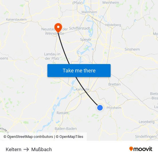 Keltern to Mußbach map