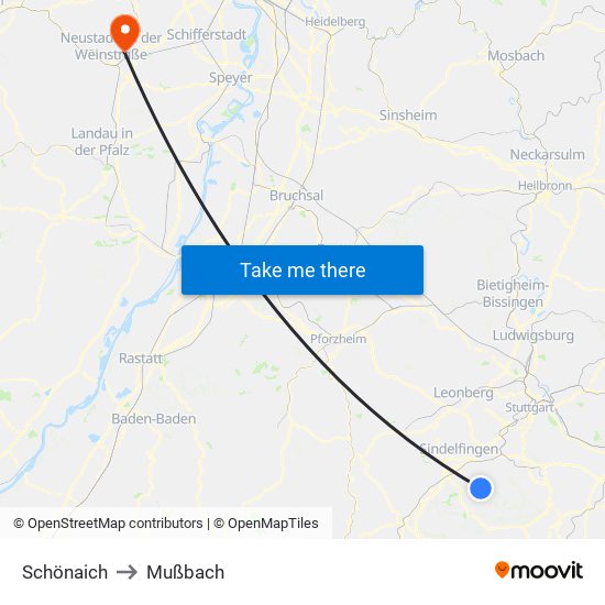 Schönaich to Mußbach map