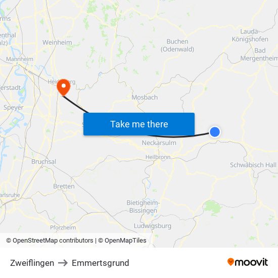 Zweiflingen to Emmertsgrund map