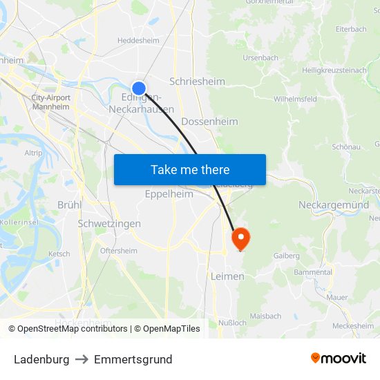 Ladenburg to Emmertsgrund map