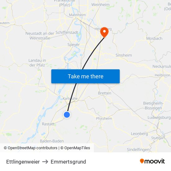 Ettlingenweier to Emmertsgrund map