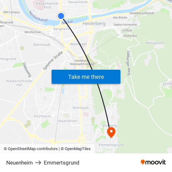 Neuenheim to Emmertsgrund map