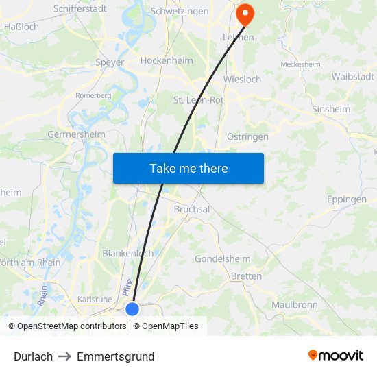 Durlach to Emmertsgrund map