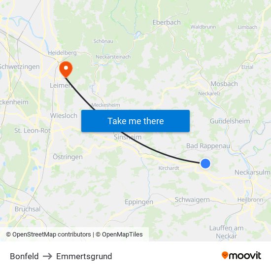 Bonfeld to Emmertsgrund map