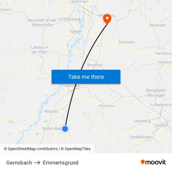 Gernsbach to Emmertsgrund map