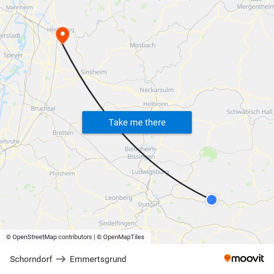 Schorndorf to Emmertsgrund map