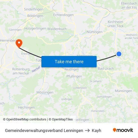 Gemeindeverwaltungsverband Lenningen to Kayh map