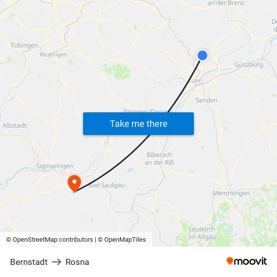 Bernstadt to Rosna map