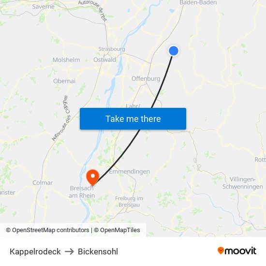 Kappelrodeck to Bickensohl map