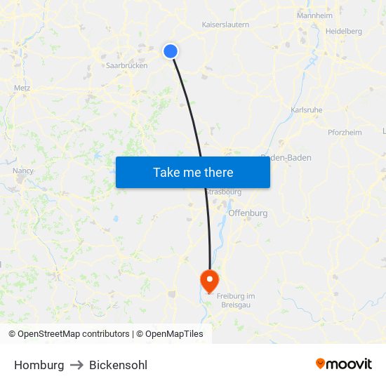 Homburg to Bickensohl map