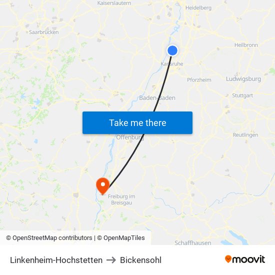 Linkenheim-Hochstetten to Bickensohl map