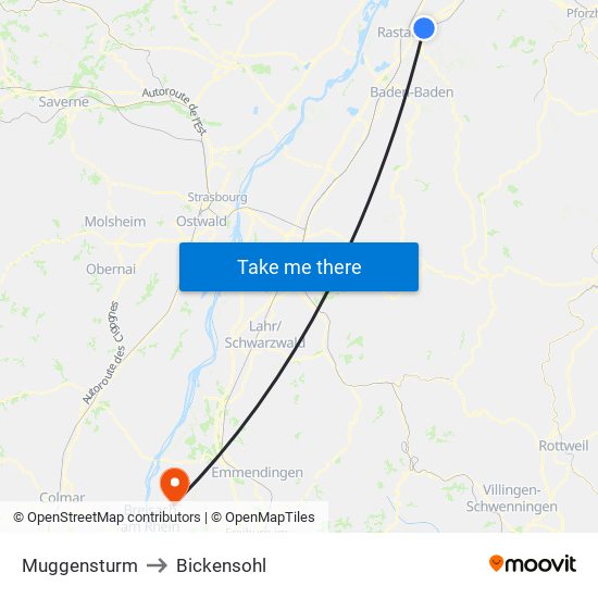 Muggensturm to Bickensohl map