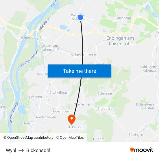 Wyhl to Bickensohl map