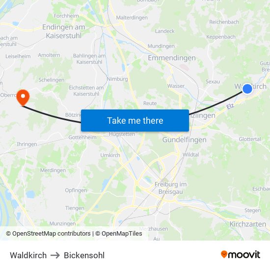 Waldkirch to Bickensohl map