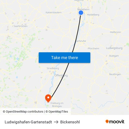 Ludwigshafen-Gartenstadt to Bickensohl map