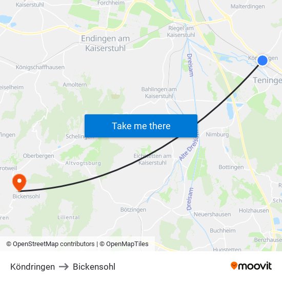 Köndringen to Bickensohl map