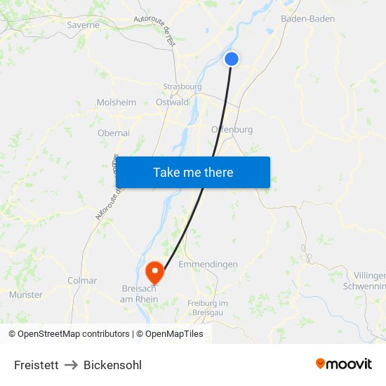 Freistett to Bickensohl map