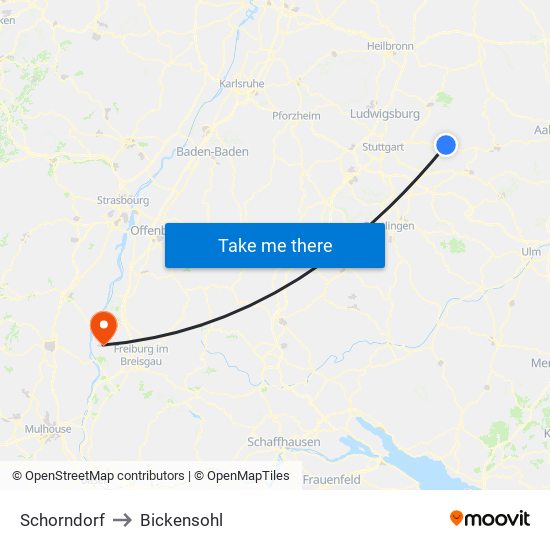 Schorndorf to Bickensohl map