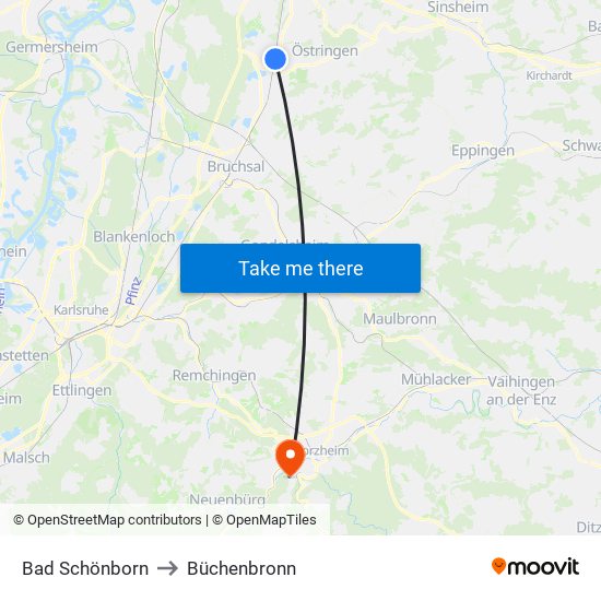 Bad Schönborn to Büchenbronn map