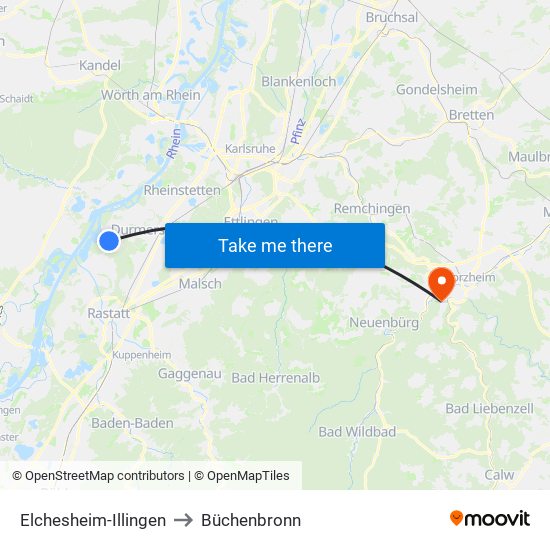 Elchesheim-Illingen to Büchenbronn map