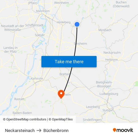Neckarsteinach to Büchenbronn map