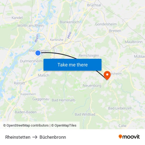 Rheinstetten to Büchenbronn map