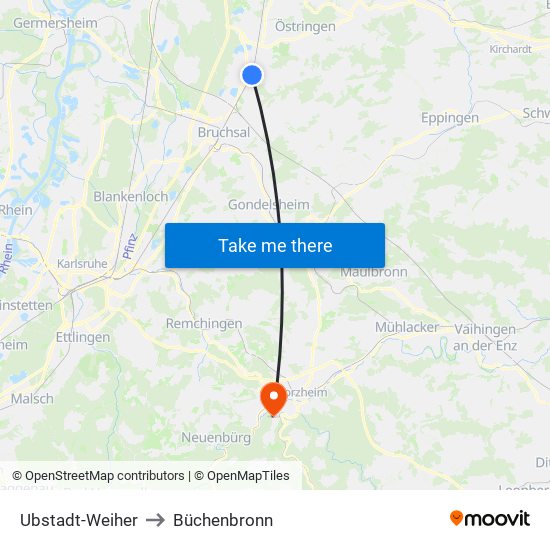 Ubstadt-Weiher to Büchenbronn map