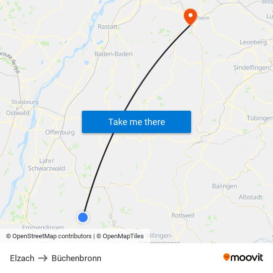 Elzach to Büchenbronn map