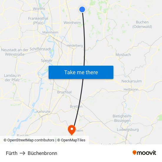 Fürth to Büchenbronn map