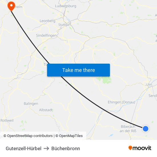 Gutenzell-Hürbel to Büchenbronn map