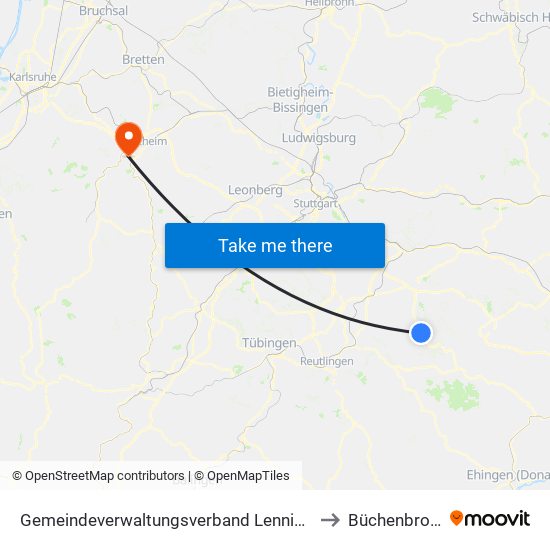 Gemeindeverwaltungsverband Lenningen to Büchenbronn map