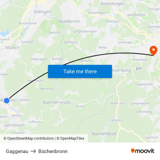 Gaggenau to Büchenbronn map