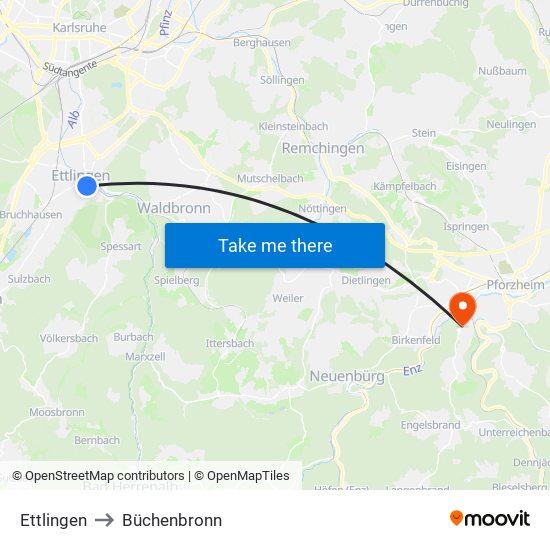 Ettlingen to Büchenbronn map