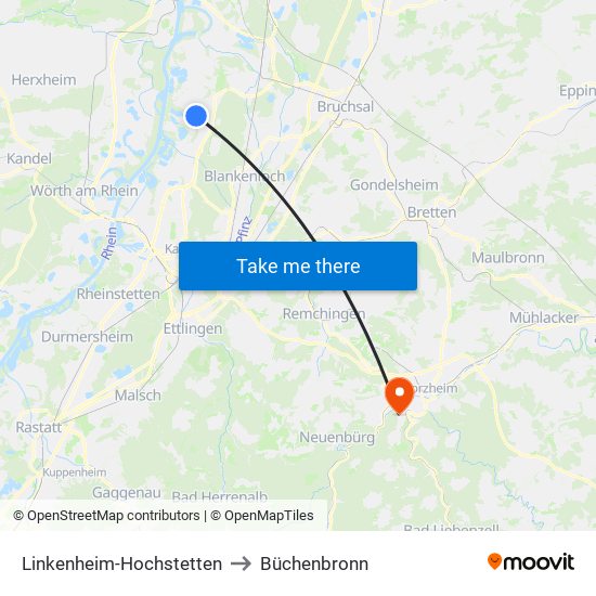 Linkenheim-Hochstetten to Büchenbronn map