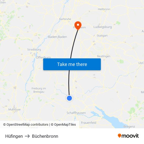 Hüfingen to Büchenbronn map