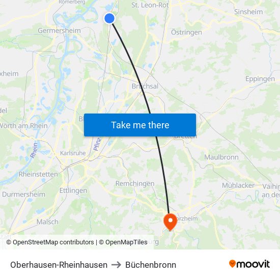 Oberhausen-Rheinhausen to Büchenbronn map