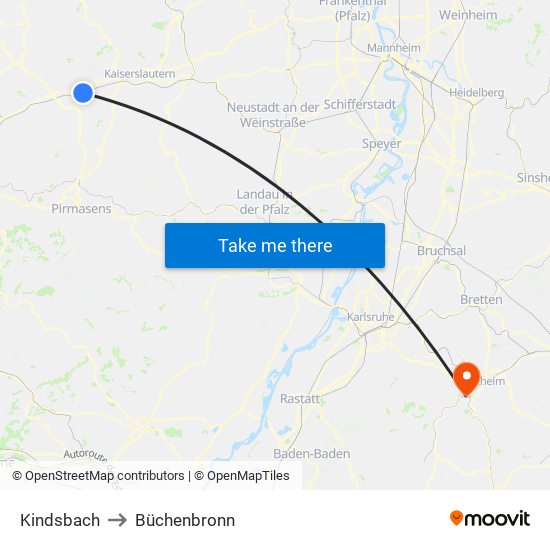 Kindsbach to Büchenbronn map