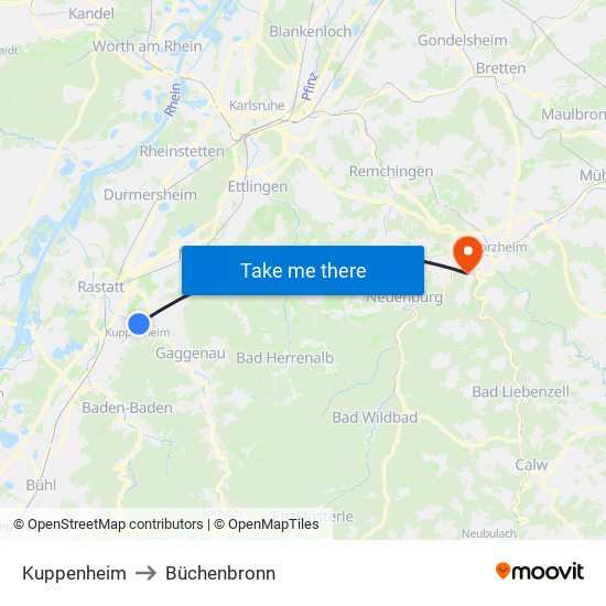 Kuppenheim to Büchenbronn map