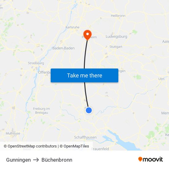 Gunningen to Büchenbronn map