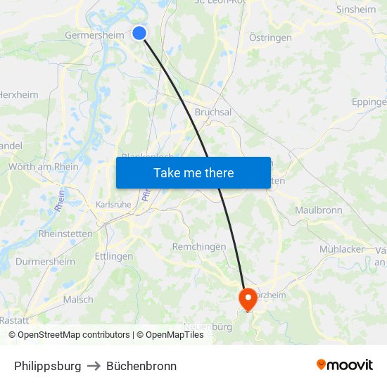 Philippsburg to Büchenbronn map