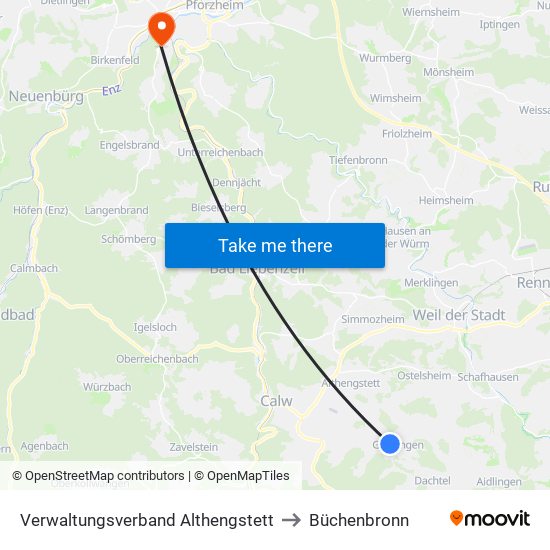 Verwaltungsverband Althengstett to Büchenbronn map