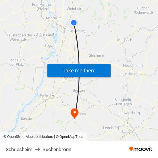 Schriesheim to Büchenbronn map